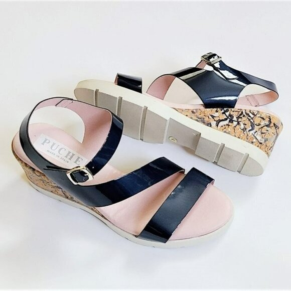 NWT PUCHE Made in Spain Soft Patent Leather Cork Wedge Sandals - Picture 3 of 7